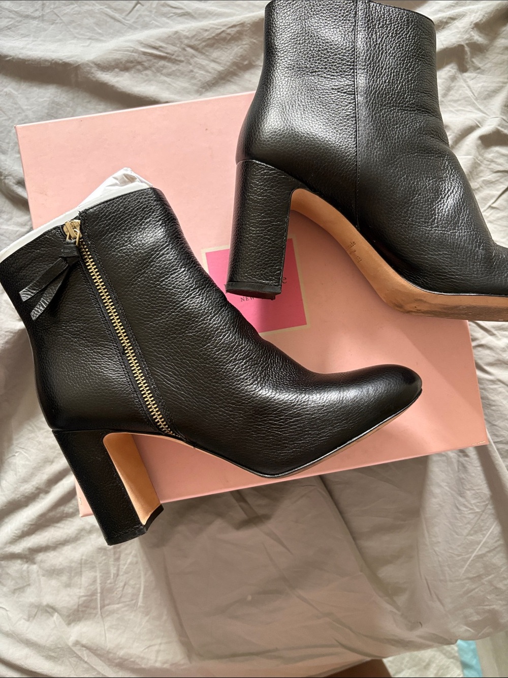 kate spade Black Leather Block Heel Ankle Boots with Gold Zip